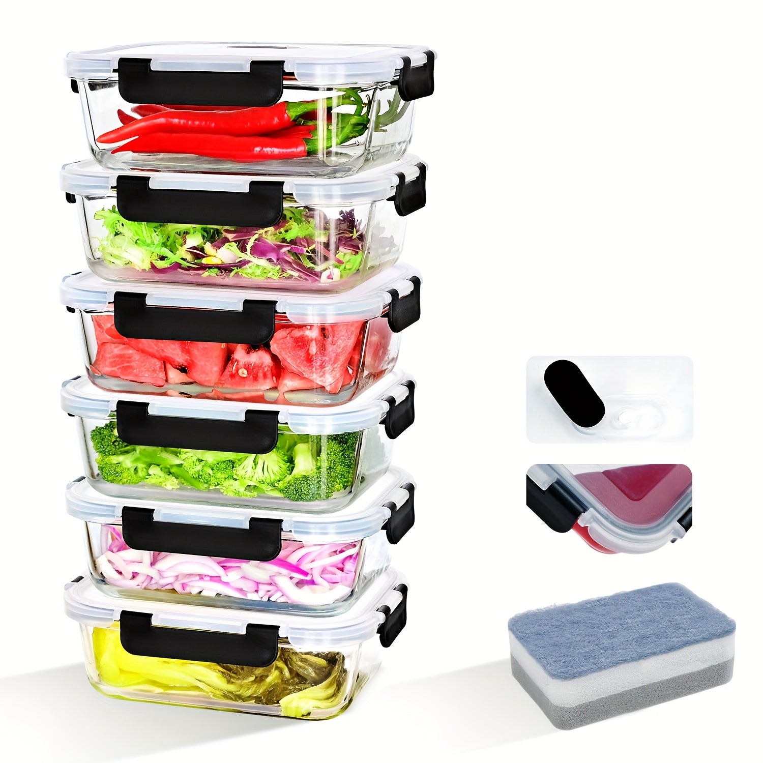 6 Piezas de Recipientes para Alimentos con Tapas, Herméticos y con Válvula de Vapor, Contenedores de Vidrio de 1040ml para Cocina,