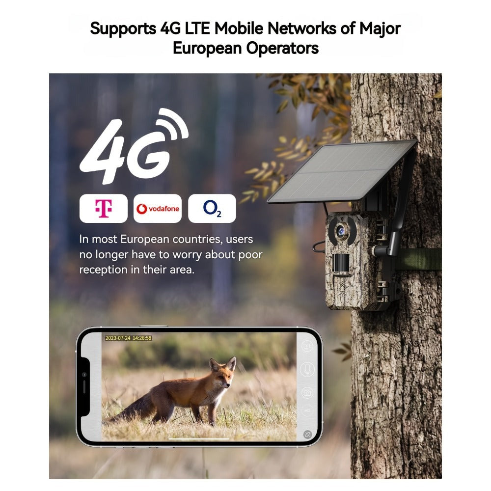 Cámara de Senderismo 4G LTE con Tarjeta SIM - Carga Solar / Alarma Extrema de 0.2s + Visión Nocturna Sin Luz, Acceso Remoto y Reproducción por Teléfono, Monitoreo 24/7, No Requiere Wi-Fi
