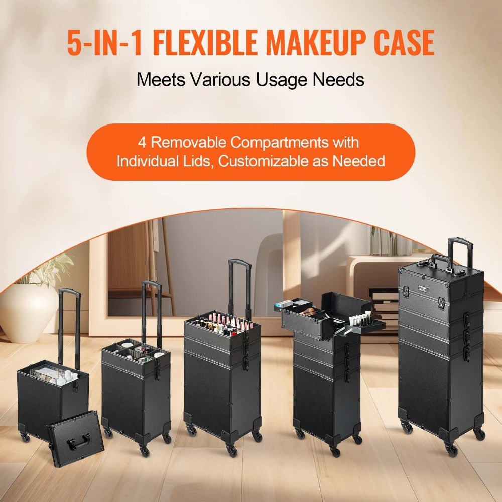 VEVOR 5 en 1 Maleta profesional de maquillaje de aluminio, maleta de maquillaje con ruedas extra grande, organizador de viaje de maquillaje con ruedas giratorias de 360° y palanca ajustable, negro