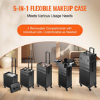 VEVOR 5 en 1 Maleta profesional de maquillaje de aluminio, maleta de maquillaje con ruedas extra grande, organizador de viaje de maquillaje con ruedas giratorias de 360° y palanca ajustable, negro