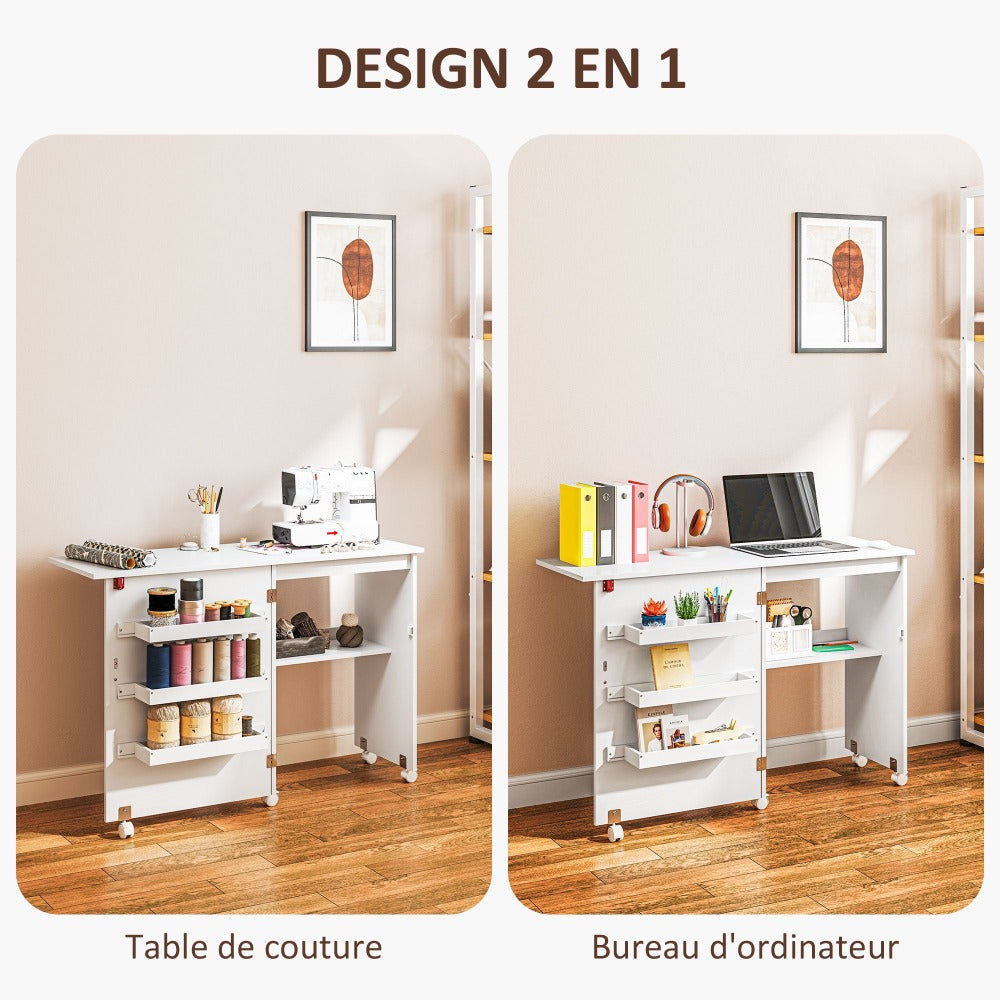 Mesa de costura plegable HOMCOM con tablón abatible, contenedores de almacenamiento, estante abierto y ruedas, gabinete para máquina de coser para sala de estar, oficina, estudio, dimensiones 118 x 40 x 79.5 cm, blanca
