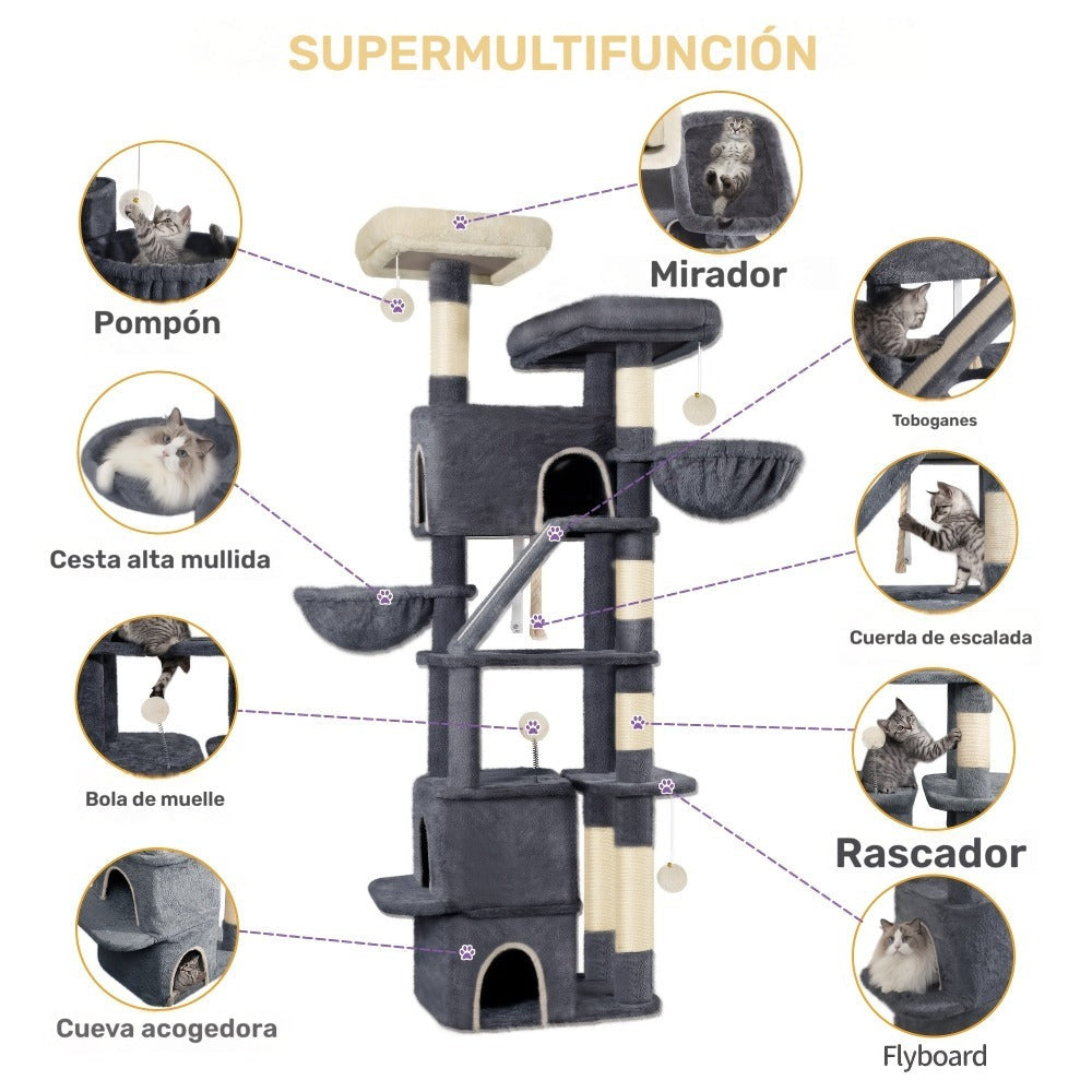 Árbol para Gatos de 185 cm, Torre Grande para Gatos de Interior, Mueble para Gatos con 2 Plataformas, 3 Condominios, 6 Postes para Rascar, 2 Cestas, Pompones y Cojín Lavable