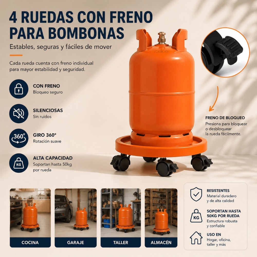 Soporte para bombona butano, Portabombonas, Carro Porta bombona Gas, Portamacetas, Plástico, Incluye 4 Ruedas, 33,5 cm de diámetro y 7,5 cm de Alto, Naranja