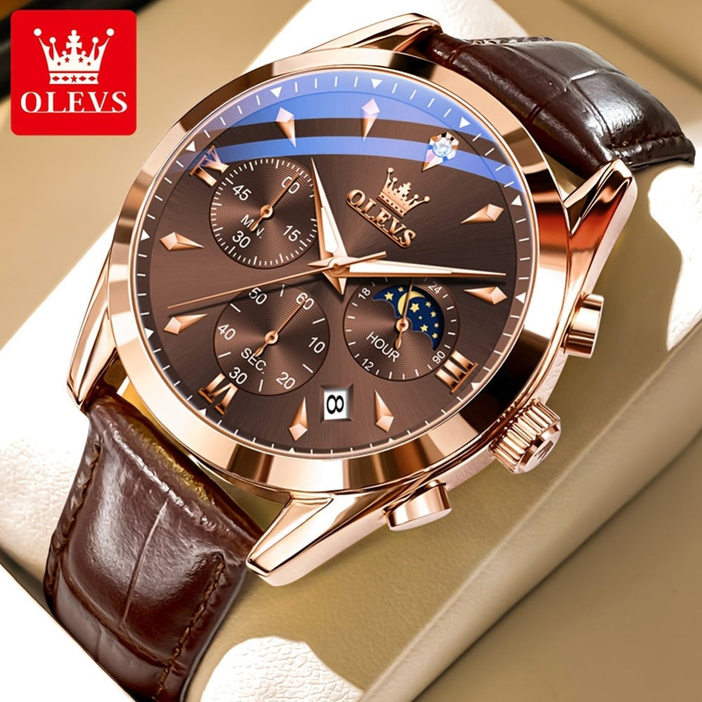 OLEVS Reloj para Hombre Clásico Cronógrafo Cuero Marrón Caja Dorada Analógico Cuarzo Moda Negocios Vestir Cara Grande Reloj de Hombre Día Fecha Luminoso Casual Reloj de Pulsera Masculino Regalos Románticos Relojes De Hombre Azul/Negro/Blanco/Marrón Esfera