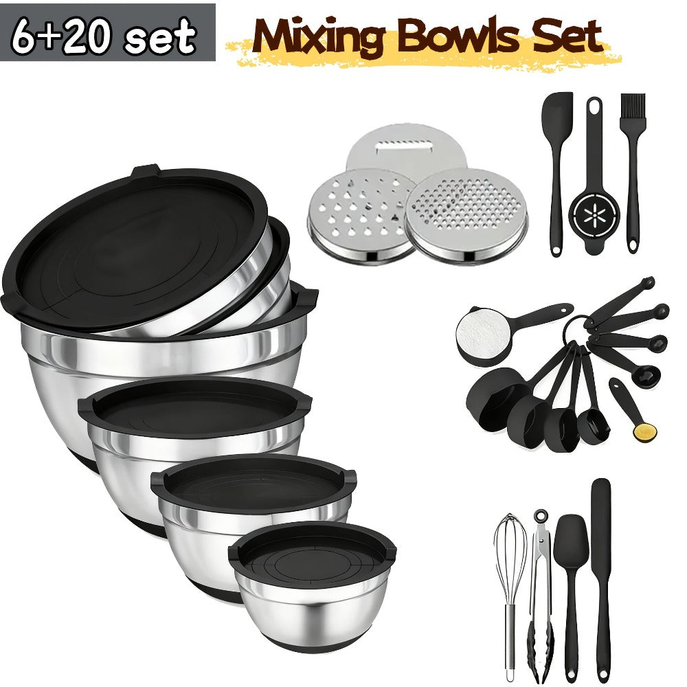 26 tazones para ensalada con tapas, 6 tazones mezcladores de acero inoxidable, 3 accesorios de cuchillo mezclador, 17 herramientas de cocina prácticas, antideslizantes, gadgets de cocina resistentes al óxido para ensaladas y más