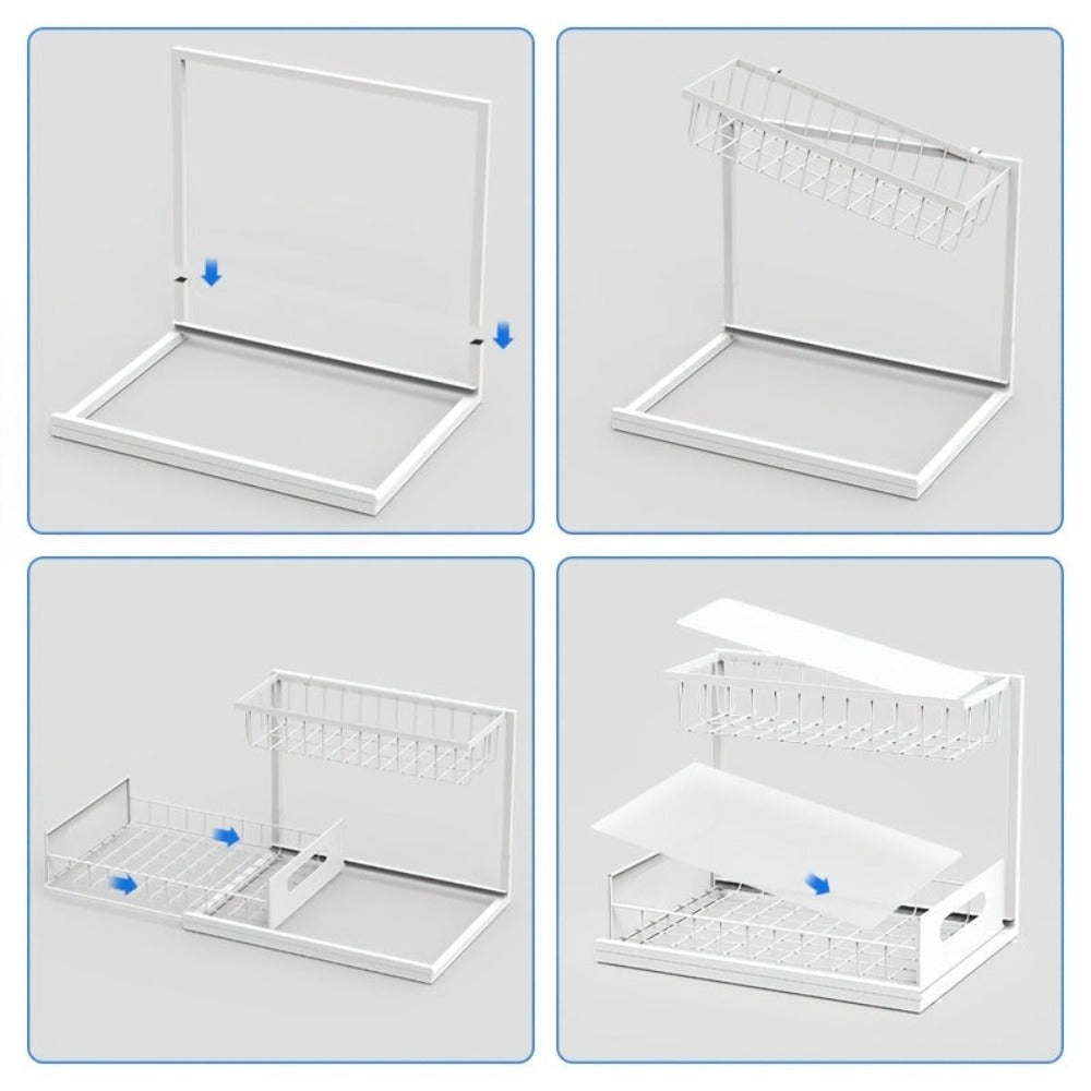 1 estante extraíble de doble capa para debajo del fregadero, estante multifuncional de acero al carbono para cocina y baño, adecuado para organizador de artículos esenciales y de limpieza - Negro/Blanco