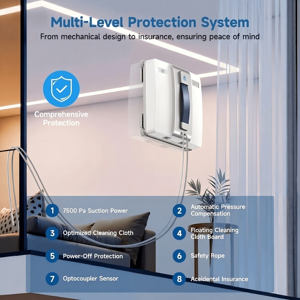 Lubluelu Robot Limpiacristales Electrónico Inteligente con Ventana Cuadrada, 7500Pa, Planificación de Ruta Inteligente, Sistema de Protección de Seguridad de 8 Capas, Limpieza de Bordes, Boquillas de Doble Cara, Visualización del Volumen de Agua, Muy Adec