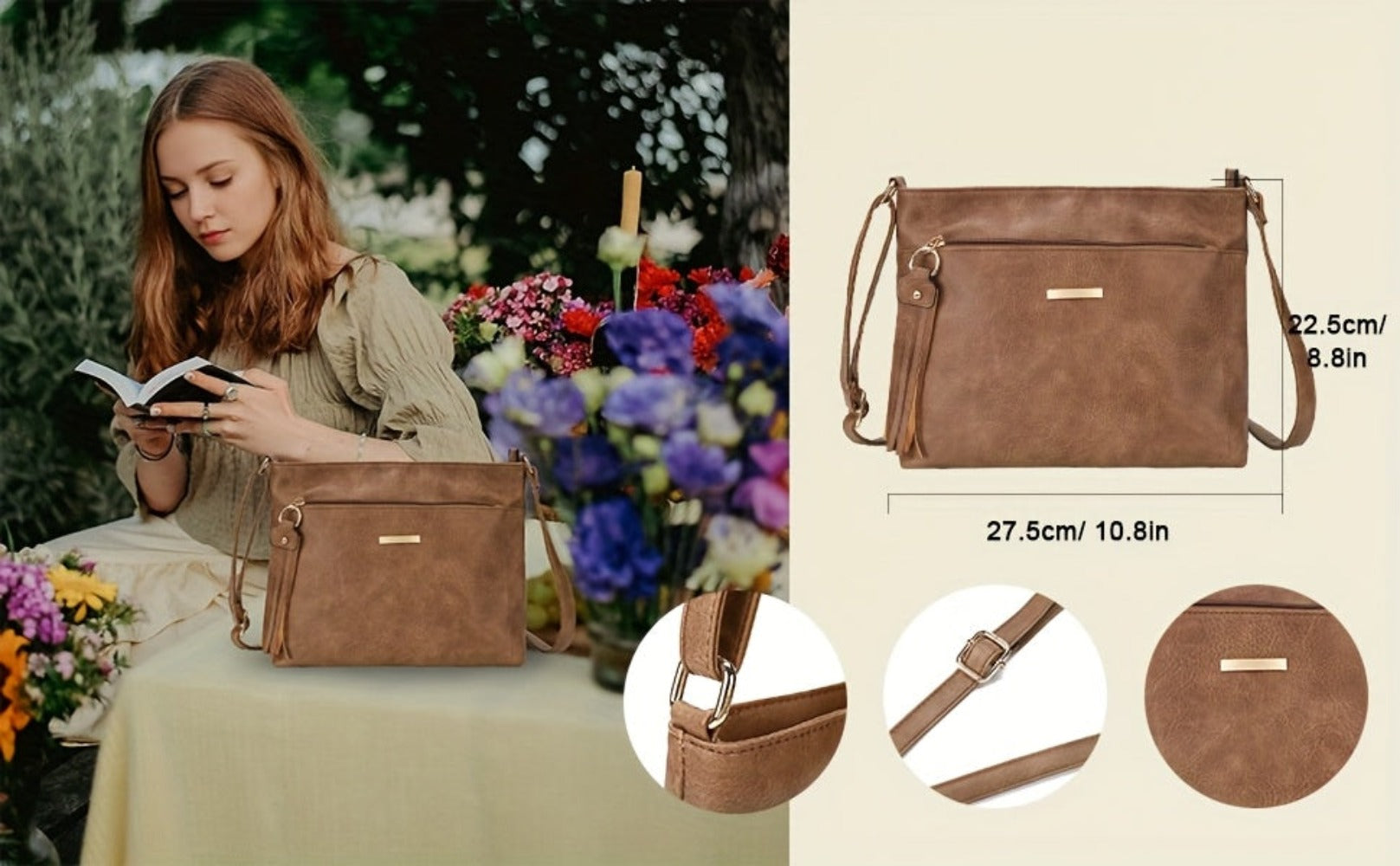 Bolso de hombro de gran capacidad a la moda con correa cruzada, accesorio retro con flecos, cremalleras dobles, bolso de mujer, fácil y casual, versátil para el viaje diario, bolso pequeño cuadrado