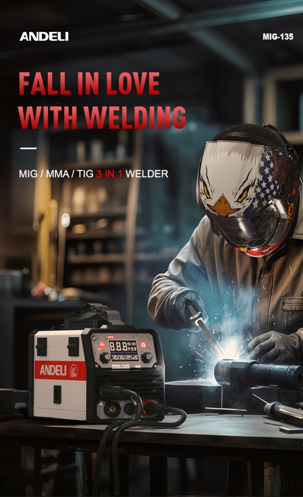 ANDELI 135Amp Máquina de Soldar MIG Flux Mig/Lift Tig/Stick 3-En-1 230V Portátil Sin Gas Multiproceso Soldadora Pantalla Digital LED Máquina de Soldar Inversor IGBT con Soplete Tig