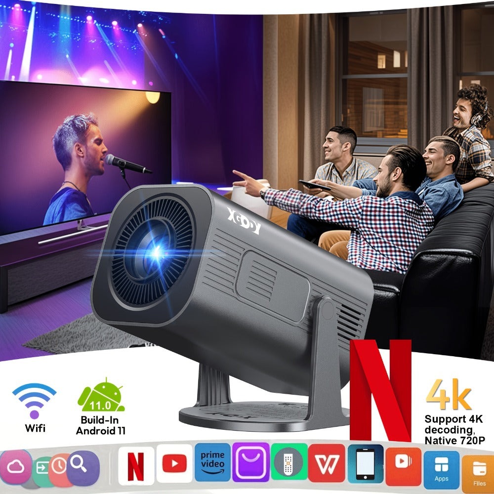 XGODY Proyector Portátil, con Android 11, Dual Wifi6, 260ANSI de Brillo, Local 1280X720P HD, Soporte 4K, Bajo Ruido, Operación con Una Mano, Ángulo de Proyección Flexible de 180°, Mini Proyector de Cine en Casa