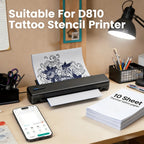 Impresora copiadora portátil de tatuajes D810 - Adecuada para práctica y diseño personal, aplicación con galería de plantillas, incluye 10 hojas de transferencia.