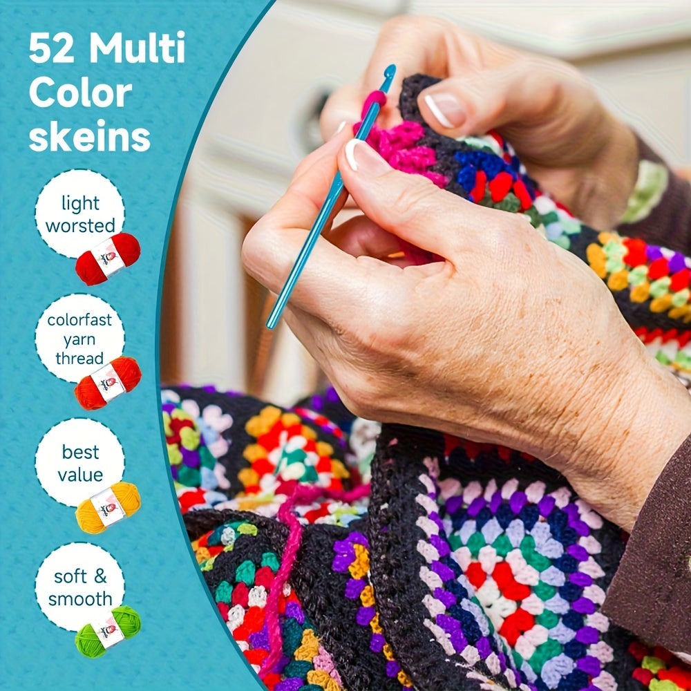 Kit completo de iniciación al ganchillo y tejido de 43/70 piezas para principiantes - Hilo acrílico de 52 colores con 4 ganchillos y 2 agujas de tejer, etiquetas para agujas | Suministros de manualidades DIY todo en uno para adultos, para adultos y amante