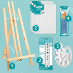 Set de Pintura Artmaker para Niños y Adultos - Kit Artístico Completo con Caballete de Madera de 50 cm, 3 Lienzos de Panel de 24x30 cm, Pinturas Acrílicas de Algodón en Tubos (12 Colores x 12 ml), 10 Pinceles Sintéticos Profesionales y Paleta para Mezclar