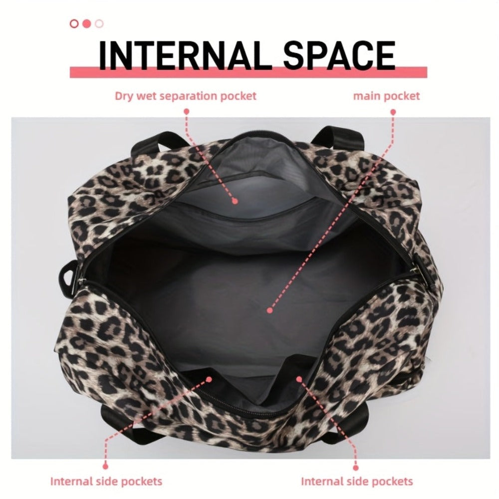 Maleta moderna con estampado de leopardo y amplio espacio, con compartimento separado para zapatos, correa de hombro ajustable, ideal para el gimnasio, yoga y escapadas de fin de semana, así como actividades de ocio y camping al aire libre