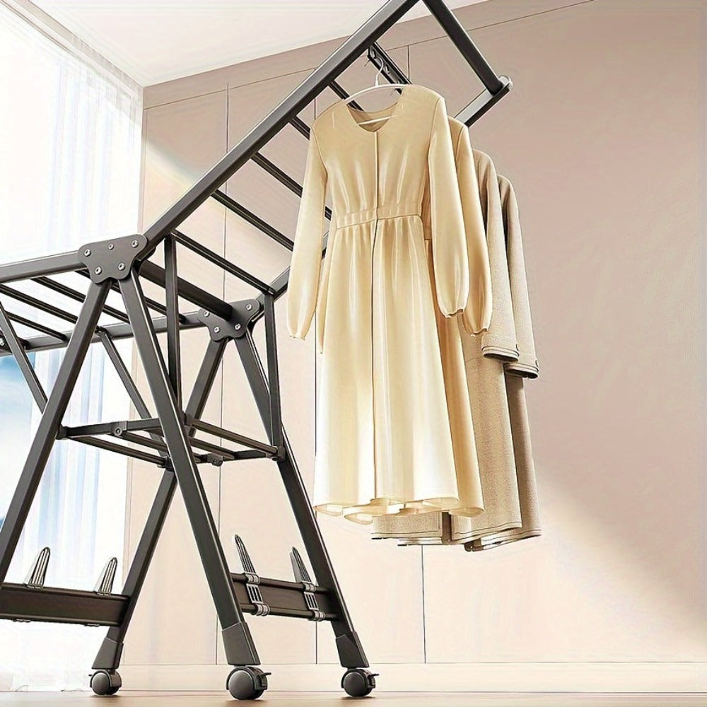 Perchero Plegable de Aluminio Resistente con Estante para Zapatos - Diseño en 3 Segundos, Altura Ajustable, 4 Ruedas para Uso Interior/Exterior, Montaje Sin Herramientas, Estabilidad en Forma de A, Ahorro de Espacio Gris, Secado de Ropa Portátil, Construc