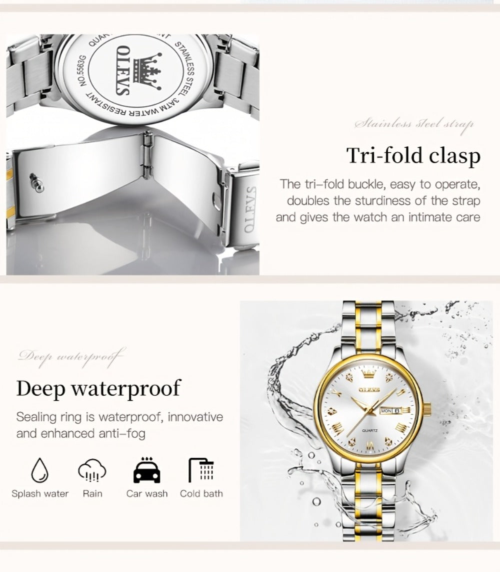 Relojes de Mujer OLEVS: Elegantes y de Moda para Negocios, Diseño Femenino para Muñecas Pequeñas, Cara Pequeña, Tono Dorado y Plateado, Correa de Acero Inoxidable, Cuarzo Analógico, Fecha y Día, Luminiscente, Esferas en /Blanco/Dorado/Azul