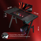 Escritorio Gaming en Forma de A Furnishia con Tapa de Fibra de Carbono y Alfombrilla para Ratón - Amplio Escritorio Ergonómico para PC, Estación de Trabajo de Oficina, Configuración de Streaming/YouTube - Portavasos y Gancho para Auriculares, Montaje,