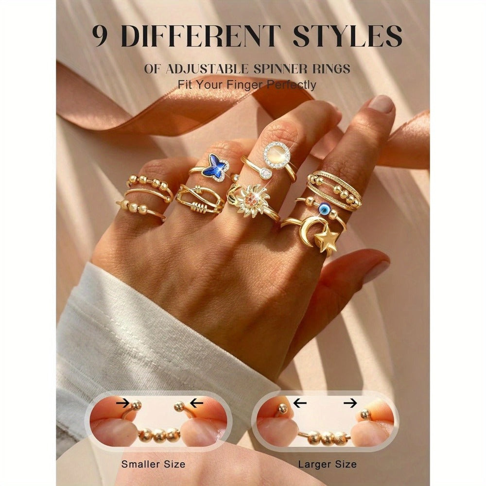 9 anillos Fidget Spinner para mujeres y hombres, anillos abiertos CZ con forma de flor, luna y estrella, anti giratorios, ajustables
