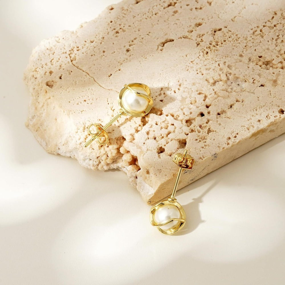 Pendientes de perlas bañados en oro de 14K, hipoalergénicos, de perla de agua dulce, colgantes, de espiga, de aro, con perla blanca colgante, regalo de joyería para mujeres y damas