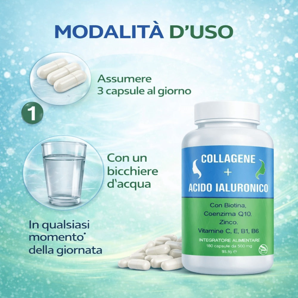 Suplemento de colágeno y ácido hialurónico, 180 cápsulas, con biotina, coenzima Q10, zinc, vitamina C, vitamina E, vitamina B1 y B6 - Hecho en Italia
