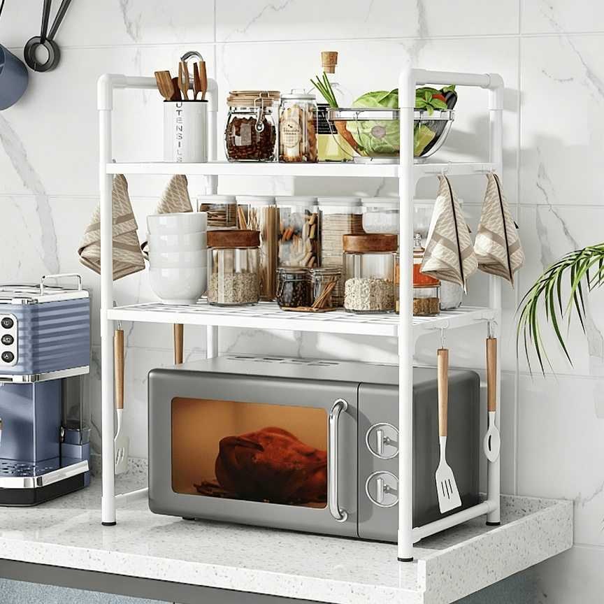 2/3 Niveles Soporte para microondas para encimera, Rejilla Para Horno Microondas Metal, Soporte Para Microondas Y Horno Cocina Con 4/8 Ganchos, Tiendas de condimentos, Adecuado para cocinas (Blanco / Negro)