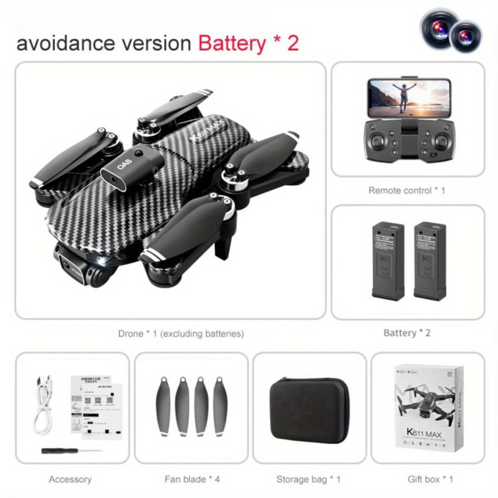 El dron K611 MAX cuenta con baterías duales y cámaras duales, posicionamiento de flujo óptico, despegue con un clic, hover automático, resistencia al viento fuerte y evitación inteligente de obstáculos, lo que lo hace diseñado específicamente para la foto
