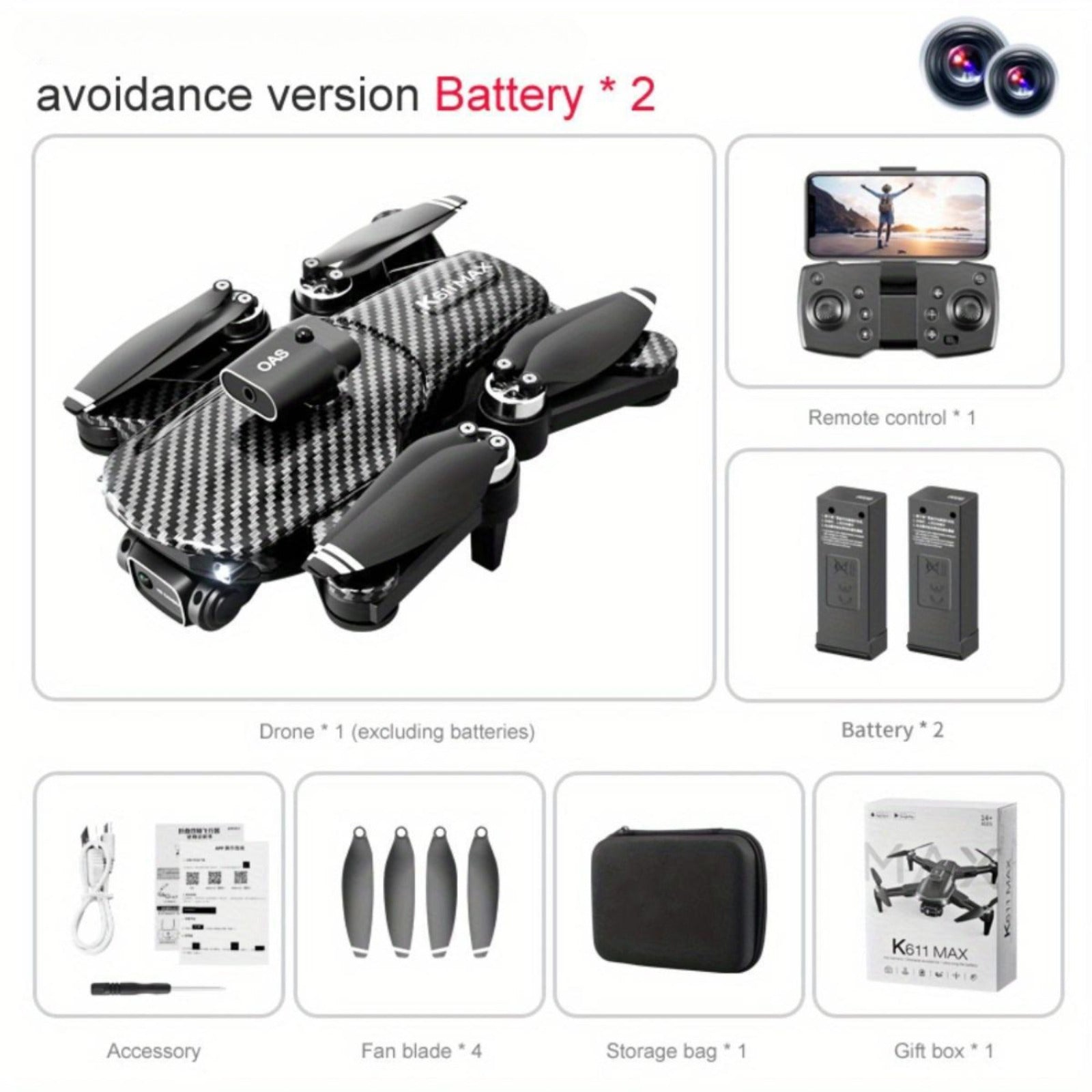 El dron K611 MAX cuenta con baterías duales y cámaras duales, posicionamiento de flujo óptico, despegue con un clic, hover automático, resistencia al viento fuerte y evitación inteligente de obstáculos, lo que lo hace diseñado específicamente para la foto