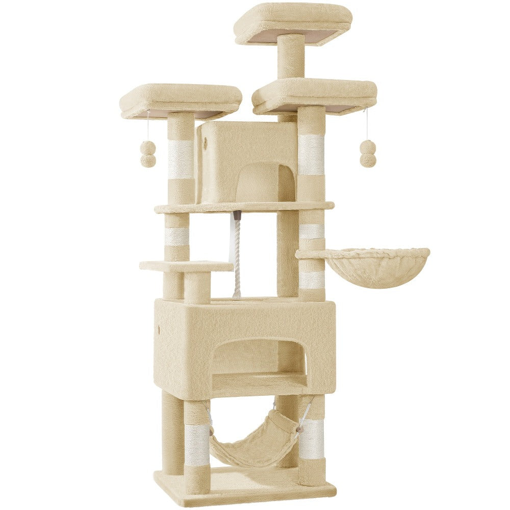 Árbol para Gatos, 176cm, Tamaño XL con 3 Plataformas, 2 Cuevas, 7 Postes Rascadores, Hamaca y Pelota de Felpa – Ideal para Familias de Gatos en Gris Claro/Gris Oscuro Beige, Torre de Escalada para Mascotas, Enriquecimiento Felino, Árbol Ahorra Espacio, Mu