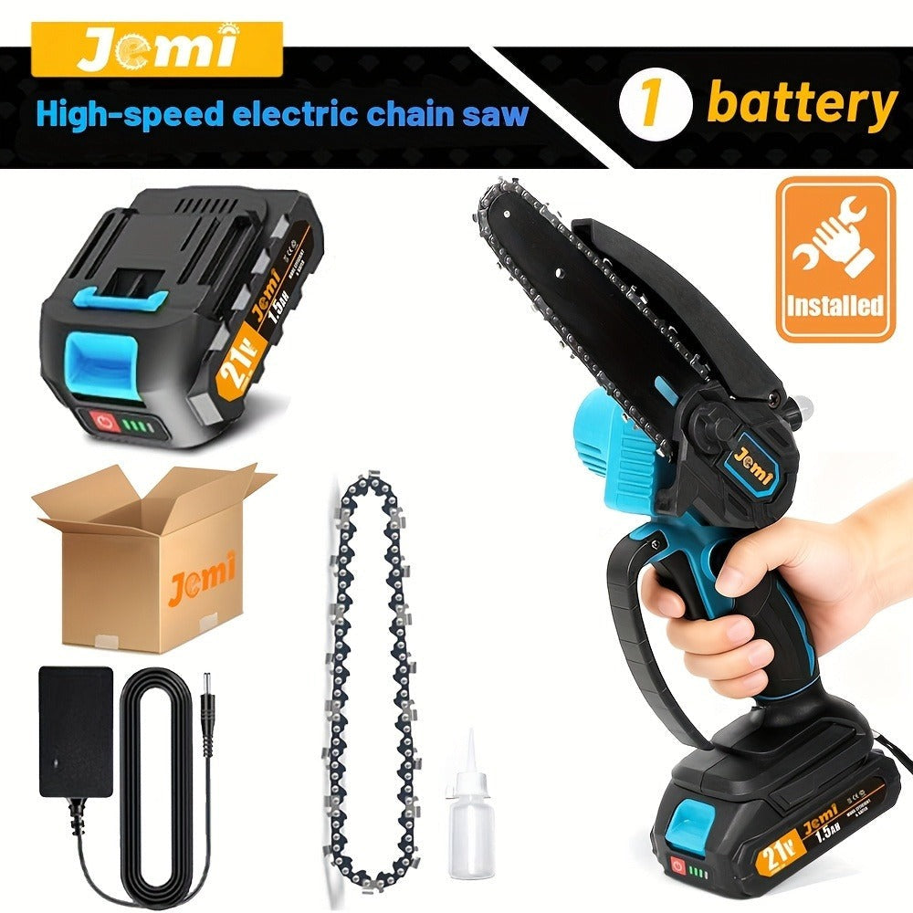 Jemi Tool Mini Motosierra 15.24cm con Batería 1/2 X 21V, Potente Motosierra Eléctrica Pequeña Portátil de Mano con Lubricador Automático, Ligera, 1.0 KG, de Mano, Fácil para Podar, Cortar, Recortar