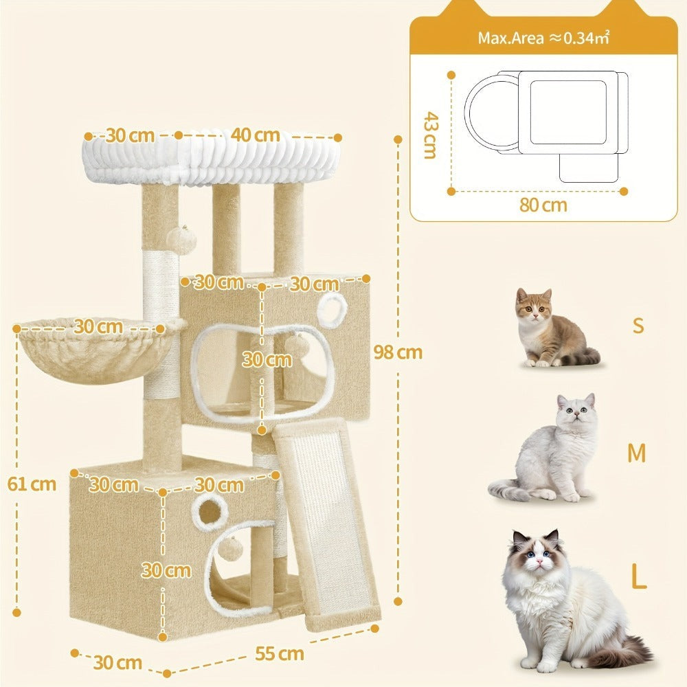 Árbol para Gatos Adecuado para Espacios Pequeños con Plataformas de Peluche, Postes de Sisal para Rascar y Base Antivuelco - Rampa de Escalada Multinivel, Cueva y Pompones - Árbol de Juego Resistente para Gatitos y Gatos (Gris Oscuro)