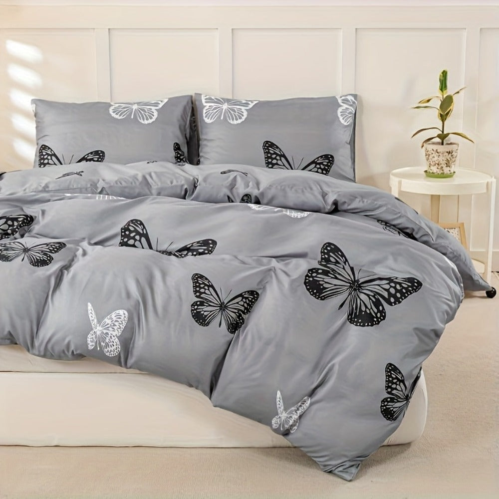Juego de funda nórdica con estampado de mariposas en blanco y negro con fondo gris, 3 piezas