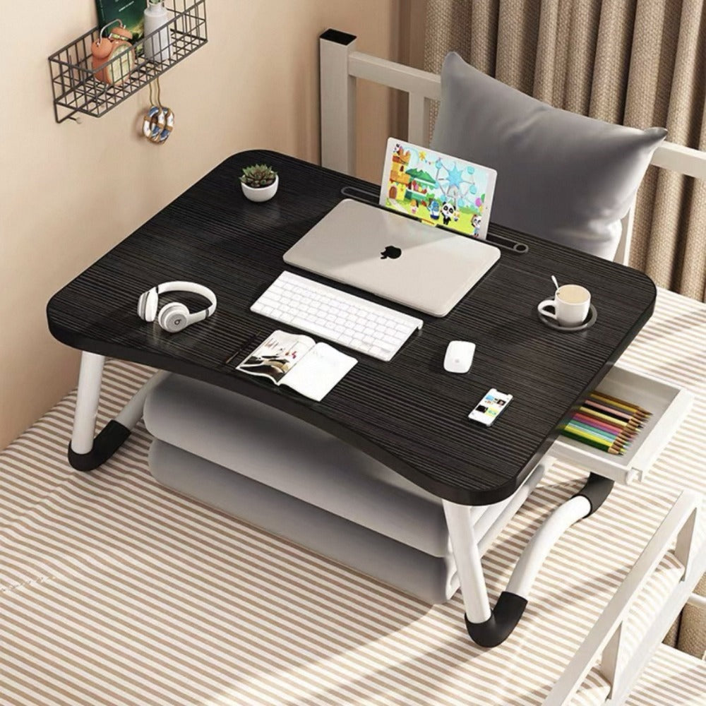Mesa plegable multifunción para cama y sofá con portavasos, 60×40×28 cm, mesa auxiliar con atril para leer en la cama, bandeja multifunción para ordenador, libros, trabajo y estudio en casa (con cajón / sin cajón)