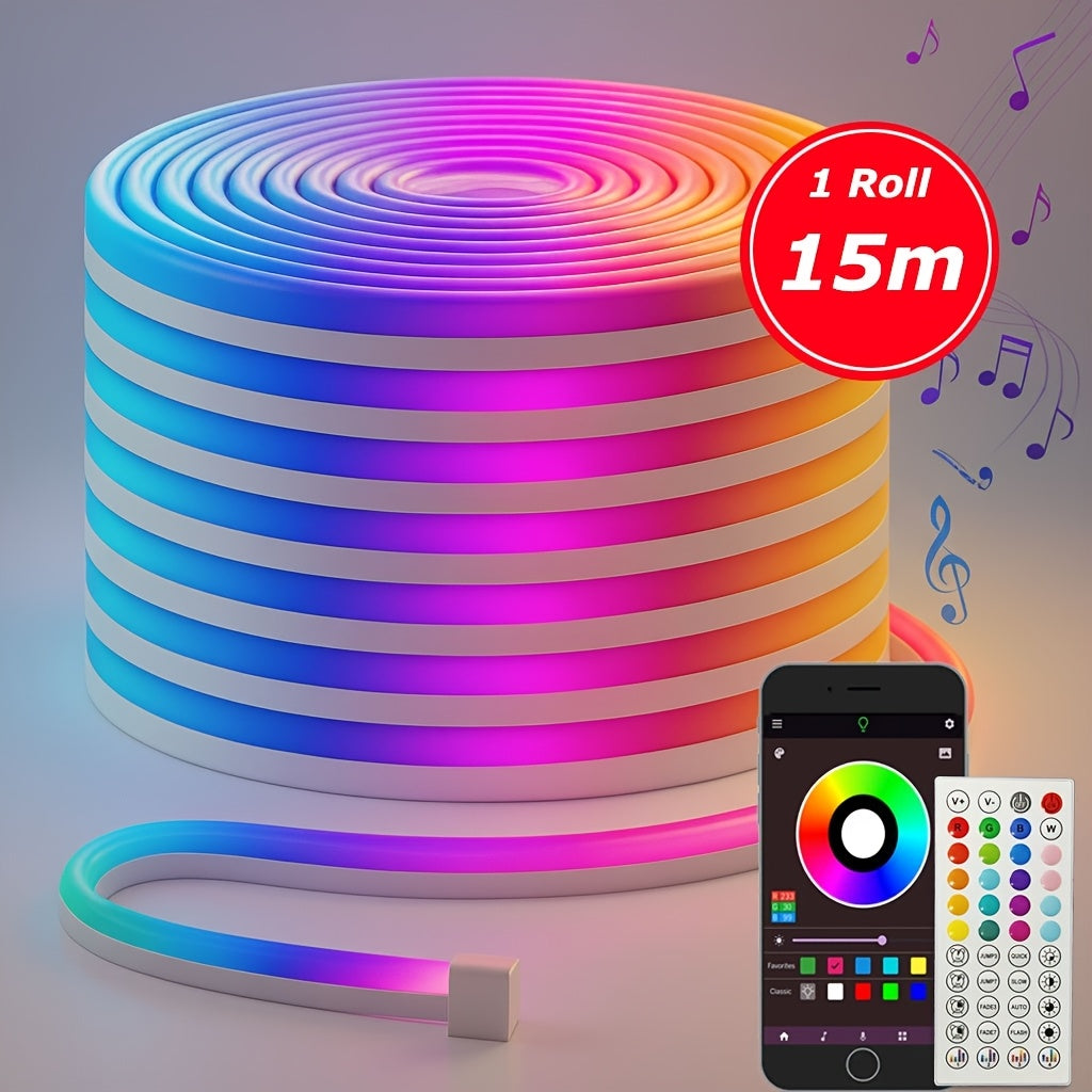Tira de luz neón RGB, clasificación IP65, control remoto y control por APP disponible, color ajustable, sincronización APP con música, ideal para salas de juegos, dormitorios, decoraciones interiores para Navidad y Halloween.