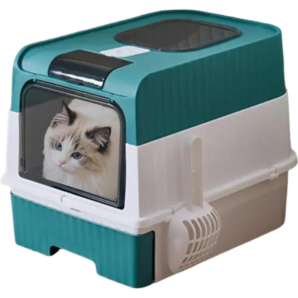 Caja de Arena para Gatos Espaciosa con Tapa Arenero - A Prueba de Fugas, Diseño Plegable, Soporta hasta 14.97 KG, Incluye Pala, Sin Rastro para Limpieza Fácil, Construcción Duradera de ABS/PE/Silicona, Forma Rectangular, Caixa de Arena para Gatos Extra Gr