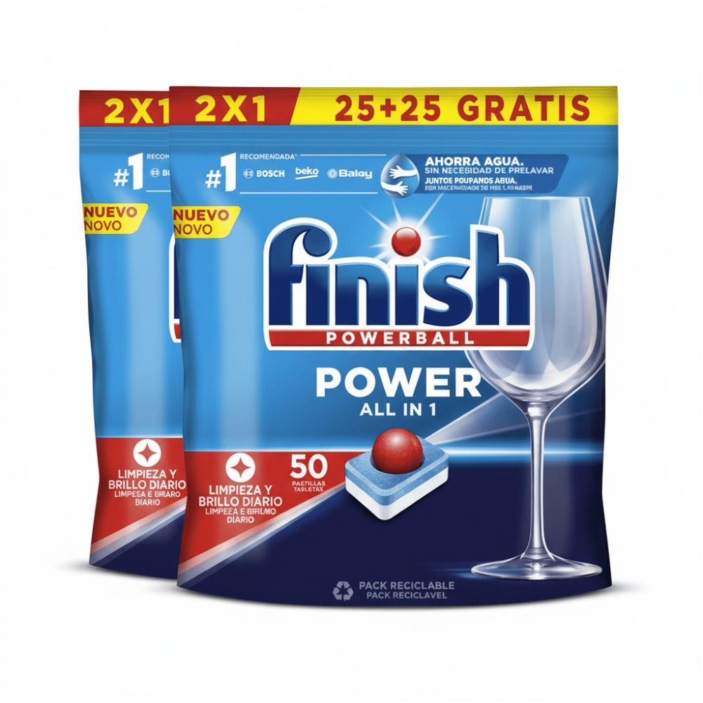 Finish Power All in 1 - Pack de 5 Paquetes De 25+25 (250) Pastillas, o Pack De 2 Paquetes De 25+25 (100) Pastillas para lavavajillas sin fosfatos, con potente Powerball para eliminar las manchas de grasa más difíciles.