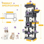 Torre para gatos de interior, 170 cm de alto, casa espaciosa de varios niveles con condominio, 8 postes para rascar, una hamaca y 4 pompones