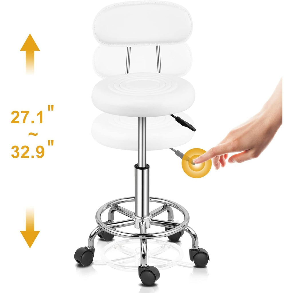 Taburete de oficina Bonnlo | Rodante, giro de 360°, altura ajustable, material de PVC, forma redonda, respaldo negro para estudio de uñas, salón de belleza, spas y oficinas