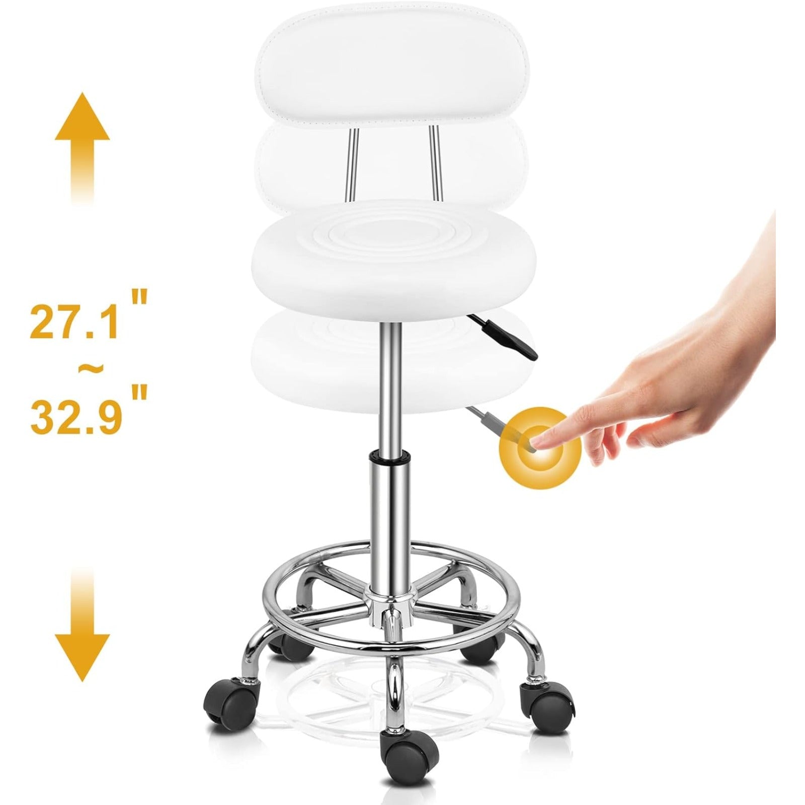 Taburete de oficina Bonnlo | Rodante, giro de 360°, altura ajustable, material de PVC, forma redonda, respaldo negro para estudio de uñas, salón de belleza, spas y oficinas