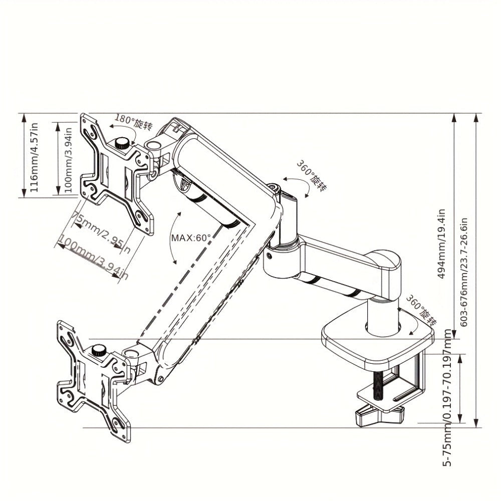 Soporte de brazo único para monitor de TV/computadora, diseño ergonómico, inclinación y rotación bidireccionales, altura ajustable, de acero, incluye 3 destornilladores portátiles.