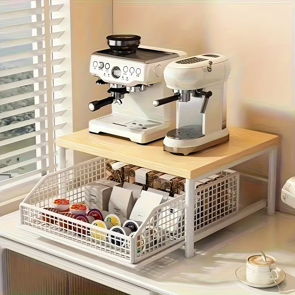 Estante de almacenamiento para cápsulas de café con cajones - Apto para cafeteras, estante deslizante para olla arrocera eléctrica, estante deslizante para microondas, almacenamiento metálico tipo cajón para microondas, almacenamiento y organización de co