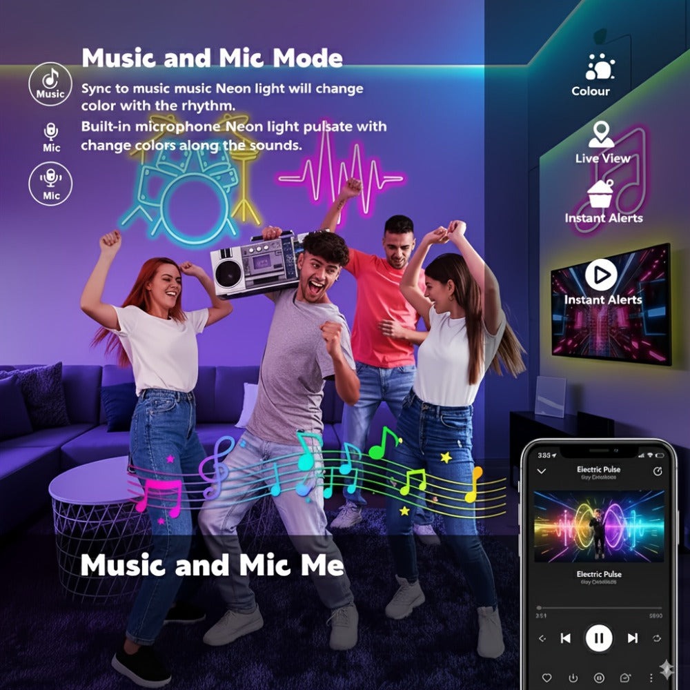 Tira de luz neón RGB, clasificación IP65, control remoto y control por APP disponible, color ajustable, sincronización APP con música, ideal para salas de juegos, dormitorios, decoraciones interiores para Navidad y Halloween.