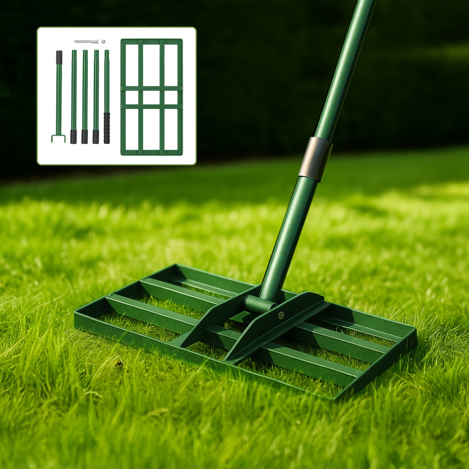 Rastrillo Nivelador de Césped Manual 76 X 25 Cm, Espátula para Césped de Jardín, Herramienta de Rastrillo de Arena Sin Esfuerzo con Mango de 229 Cm, Rastrillo para Jardín, Campo de Golf (Verde: 25*74.5*190cm; Plata: 35*75*190cm; Plata: 24.5*42.5*191cm Neg