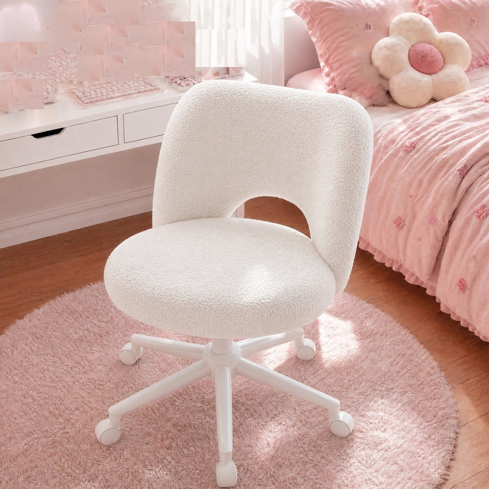 Klyvvo Silla de Escritorio con Ruedas, Silla de Maquillaje con Tejido Teddy Transpirable, Altura Ajustable, Ideal para Oficina, Hogar, Regalo Familiar, Soporta Hasta 150 Kg, Disponible en Rosa, Blanco y Gris