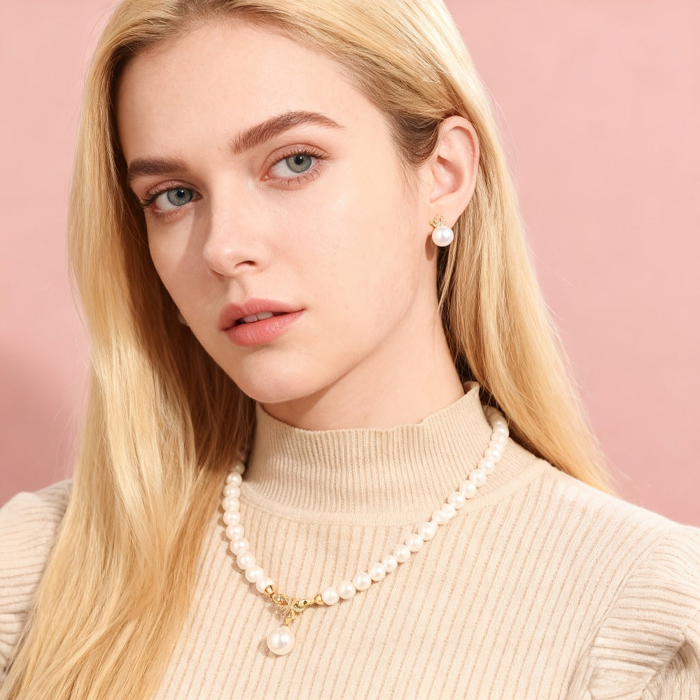 Joyería para mujer de plata 925, collar con lazo de perlas de agua dulce, aretes de botón con perlas de circonita sintética y orejas de conejo, grado AAAA, criado a mano, tamaño grande de 8 mm, seleccionado, Halloween, Navidad, Día de San Valentín, cumple