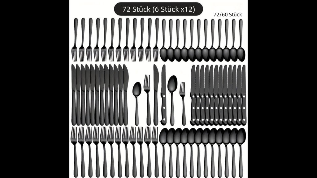Juego de vajilla de acero inoxidable negro de 72 piezas, vajilla de acero inoxidable genuino, 60 piezas negro brillante, adecuado para 12 personas, juego de cubiertos de cuchillo, tenedor, cuchara, adecuado para bodas, fiestas, cumpleaños, restaurantes, a
