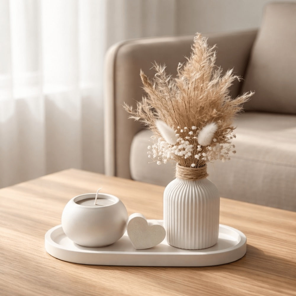 Juego de mesa decorativo natural con jarrón, flores secas y portavelas - Beige/Blanco - Decoración de mesa, sala de estar, idea de regalo, juego de decoración, jarrón de cerámica con flores secas, decoración de corazón, diseño escandinavo, decoración de m