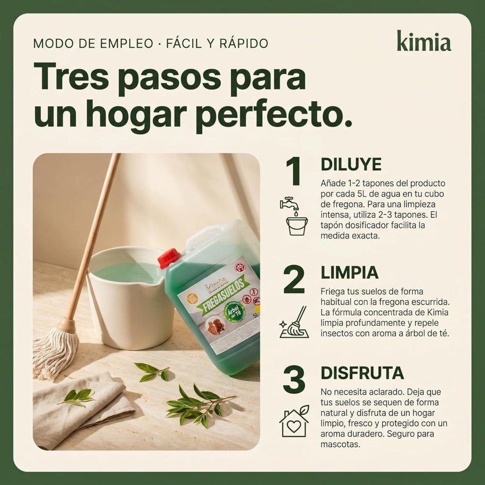 KIMIA - Fregasuelos Concentrado Profesional 5L | Limpiasuelos Mascotas | Friegasuelos Concentrado con Esencia de Arbol de Té | Especial Perros y Gatos | Todo Tipo de Superficies | Limpieza Profunda | Sin Aclarado
