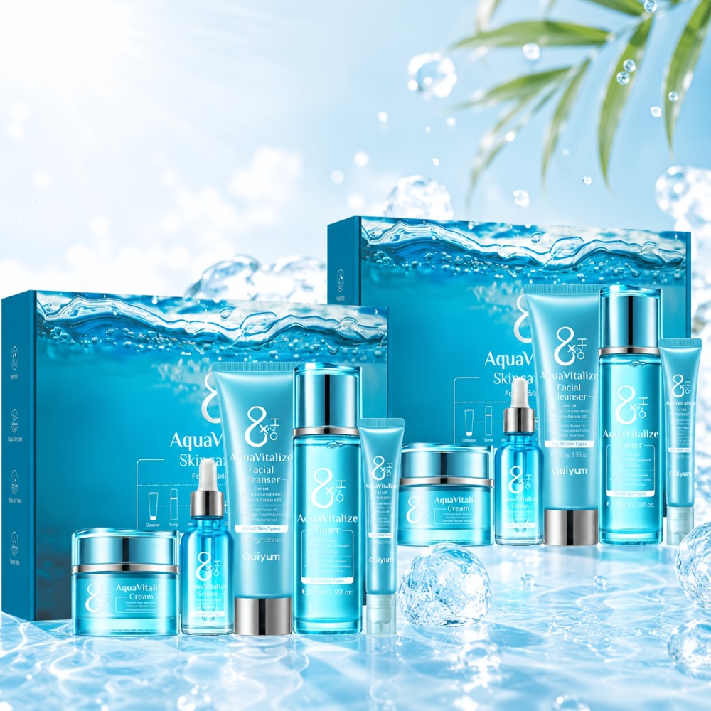 QUIYUM AquaVitalize Set de Cuidado Facial para Mujeres - Dos Juegos de 10 Piezas, Rutina Hidratante y Nutritiva de Día y Noche, con Vitamina C, Glicerina, etc. - Adecuado para Piel Seca, Normal y Mixta - Hipoaergénico - Regalo Perfecto