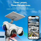 Cámara de seguridad solar solar exterior de 8MP con triple lente y triple vista 4G, videovigilancia, rotación panorámica-inclinable PTZ 360°, seguimiento de movimiento, detección humana PIR, audio bidireccional, visión nocturna a todo color, notificacione
