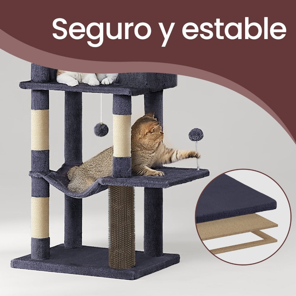 Árbol para Gatos de 175 cm, Torre Multinivel, 2 Niveles, 2 Hamacas, 5 Postes Rascadores, Cepillo, Plataformas, Regalos de Navidad